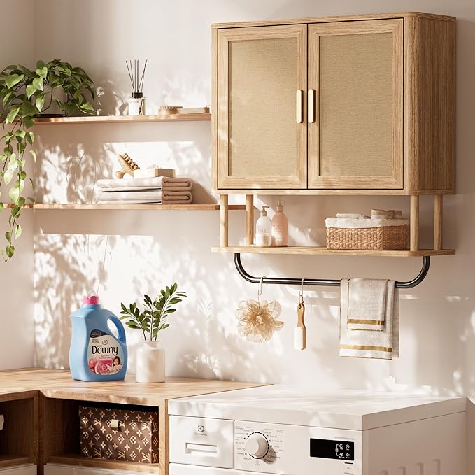 Rattan Bathroom Wall Cabinet with Towel Bar, Wall-Mounted Medicine Cabinet with Adjustable Wood Shelf & Doors, Over The Toilet Storage Cabinet for Laundry Room & Kitchen & Living Room
