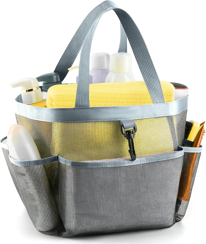 Mesh Shower Caddy Portable for College Dorm Room Essentials with 8 Pockets, Shower Bag for Beach, Swimming, Gym, Travel, Bathroom(All gray)