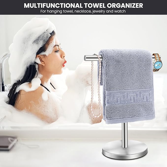 T-Shape Bath Hand Towel Holder Stand, Stainless Steel Free Standing Hand Towel Rack with Heavy Base, for Bathroom Kitchen & Countertop, Silver