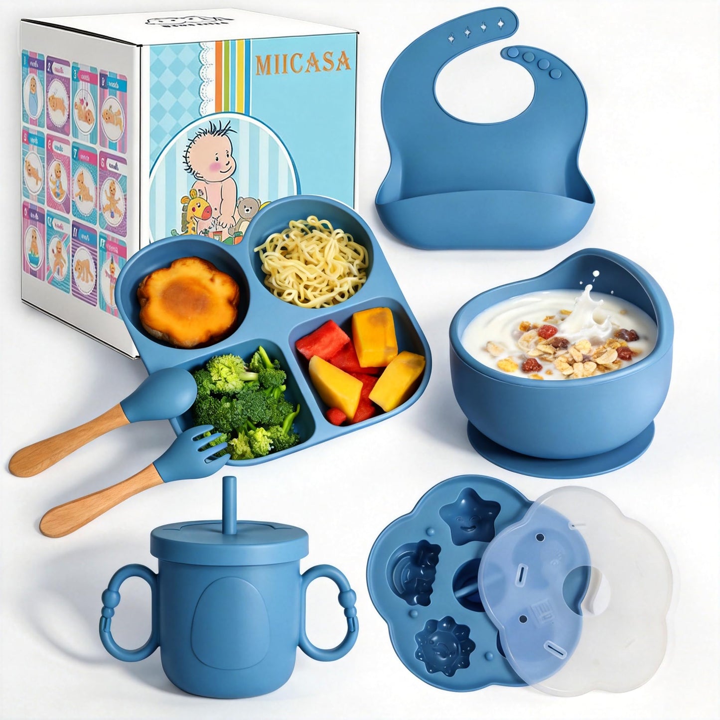 MIICASA Silicone Feeding Set, Led Weaning Supplies, Food Tableware Suction Plate, Bowl, Spoons, Fork, Waterproof Bib, Cup & Complementary Food Cake Mold, Baby Eating Utensils