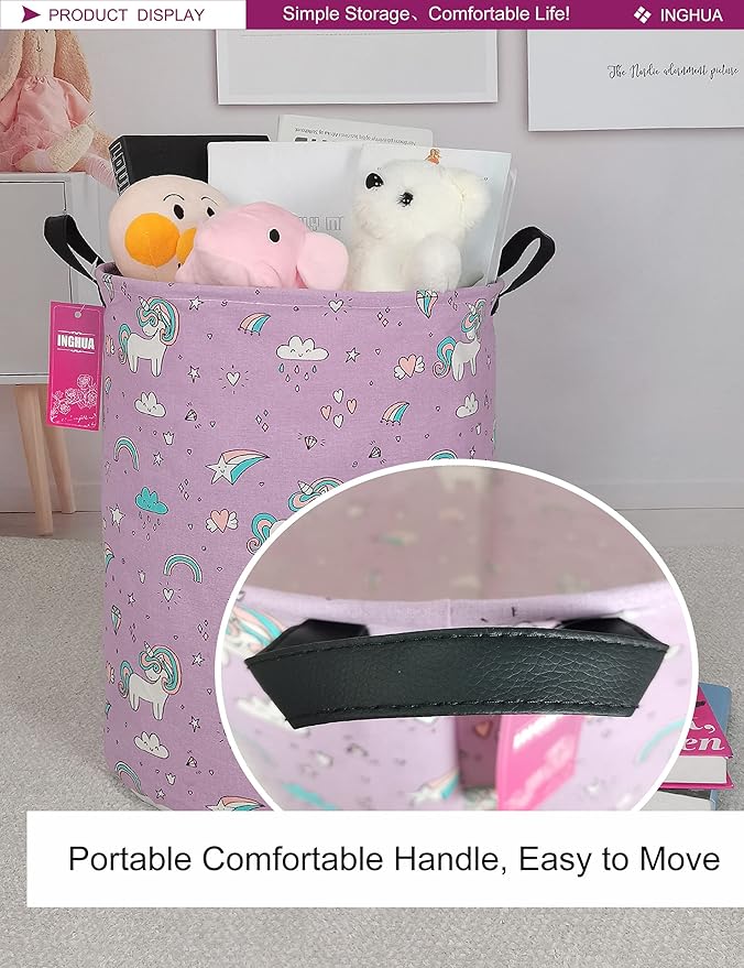 Laundry Hamper Large Canvas Fabric Lightweight Storage Basket/Toy Organizer/Dirty Clothes Collapsible Waterproof for College Dorms, Boys and Girls Bedroom,Bathroom(Unicorn)