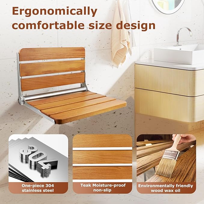 Foldable Shower Seat Wall Mounted, 18 Inchs Folding Shower Bench for Small Shower Spaces, 400lbs Max Load for Inside Shower