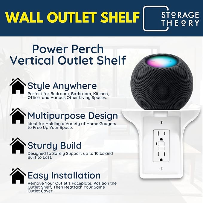 BeraTek Power Perch Wall Outlet Shelf with Cord Storage Strap - Declutter & Reclaim Counter Space - Top Uses: Charging Shelf, Echo Dot Stand, Apple HomePod Mini Wall Mount - White, 2-Pack
