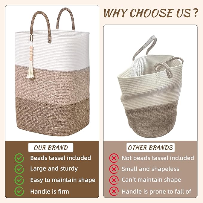 Woven Laundry Basket for Clothes,100 L Large Rectangle Laundry Hampers with Beads Tassel, Nursery Storage Basket for Toys, Tall Dirty Clothes Hamper for Bedroom Aesthetic, Laundry Room Organization