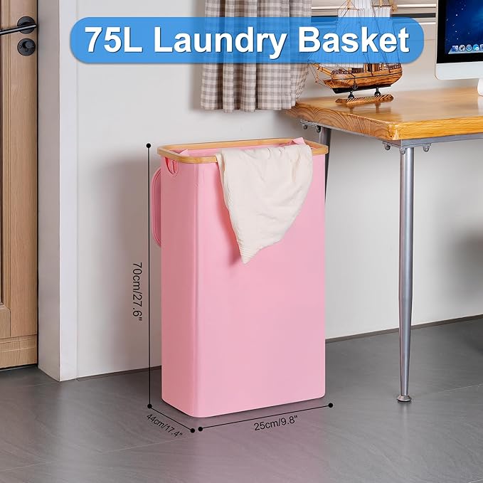 efluky Slim Laundry Basket with Lid, Narrow Laundry Hamper with Removable Bag, Skinny Dirty Clothes Basket with Bamboo Handles for Bathroom, Bedroom & Laundry Room, 75L Pink