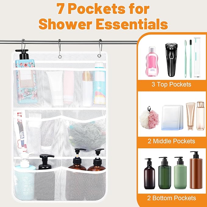 2 Pack Mesh Shower Hanging Caddy, 7 Pockets Hanging Shower Organizer with Metal Loop, Portable Bathroom Bag for Shampoo, Body Wash, Soap, and Cruise Ship Essentials