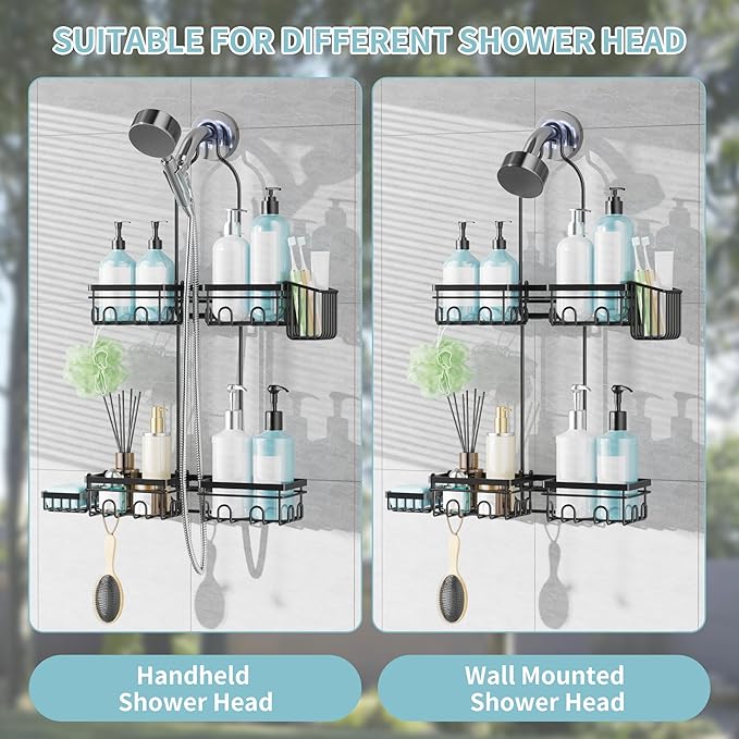 KEGII Split Hanging Shower Caddy for Handheld Showerheads, EXTRA Soap Holder & Toothbrush Holder, 24 Hooks Anti-Swing Over Showerhead Organizer, Rustproof Bathroom Shower Rack, Black