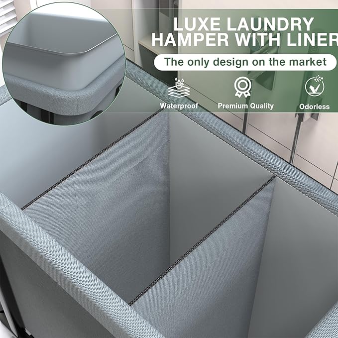 60 Gal (230L) High Grade Large Laundry Basket with Wheels, Rolling Laundry Hamper, Laundry Cart with Metal Frame and Removable Bag Design, Suitable for Laundry Room, Bedroom (Grey, 3 Section 230L)