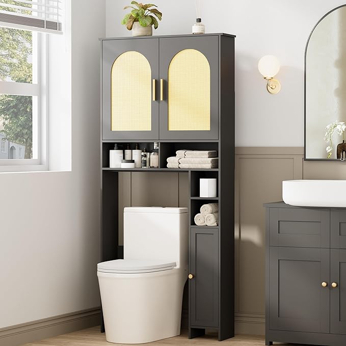 Homhedy 67" H Over The Toilet Storage Cabinet, Boho Bathroom Organizer with Rattan Decorated Doors, Adjustable Shelves, Toilet Paper Holder, Space-Saving Bathroom Shelf, Natural and Black