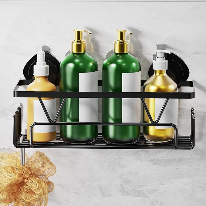 ZUNTO Suction Cup Shower Caddy with Hooks for Bathroom, No Drill and Reusable, Removable Shower Shelf for Organizer and Storage, Damage-free with Large Capacity for Wall