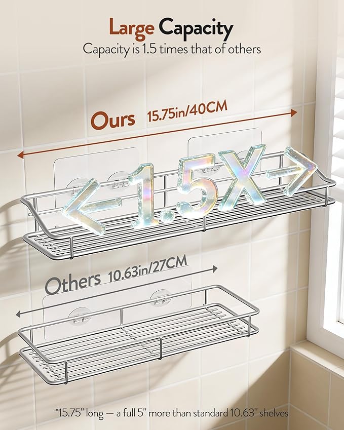 Orimade Bathroom Shelf Organizer Shower Caddy Storage Kitchen Rack with Traceless Transparent Adhesive No Drilling SUS304 Stainless Steel, 15.75 inch, Silver