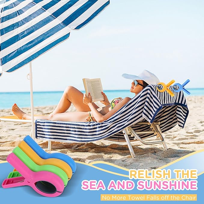 5.1 Inch Jumbo Beach Towel Clips for Beach Chairs, 8 Pack Towel Clip for Chair Cruise Pool, Clothes Pins Jumbo Size 4 Colors