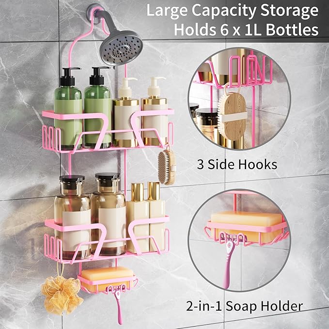Shower Caddy Hanging, Pink Over the Shower Head Caddy with Soap Holder, Bathroom Organizer with Hooks for Razors and Bath Sponges
