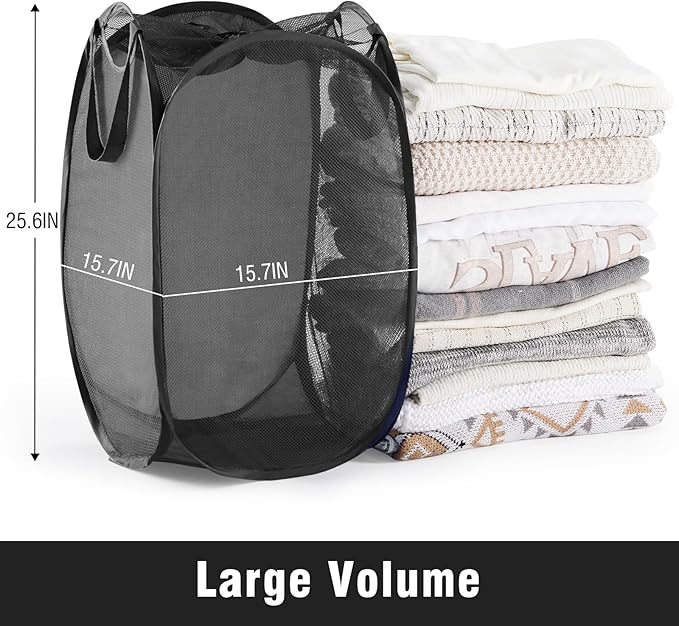 TECHMILLY Collapsible Mesh Pop Up Laundry Hamper with Sturdy Handles and Side Pocket - Portable Foldable Clothes Baskets for Dorm, Bathroom & Travel Storage (with Drawstring, Black)