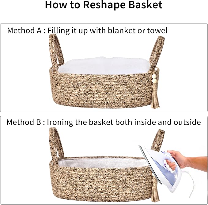 ABenkle Small Storage Basket for Toilet Tank Top - Jute Rope Woven Organizer with Handle, Boho Countertop Bathroom Decor, Toilet Paper Holder, 13x6x4 Inch