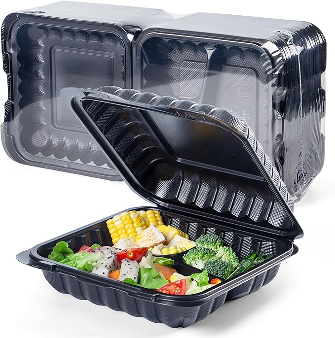 YANGRUI 25 Pack 34oz 8" 3-Compartment Togo Container Shrink-Wrapped No Wash