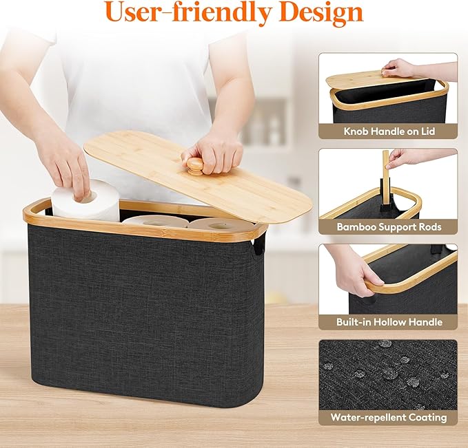 Lifewit Toilet Paper Storage Holder for 9 to 12 Rolls, Free Standing Toilet Paper Basket Stand with Bamboo Lid, Collapsible Fabric Bathroom Organizer Box for Mega Rolls, 23L, Large, Dark Gray