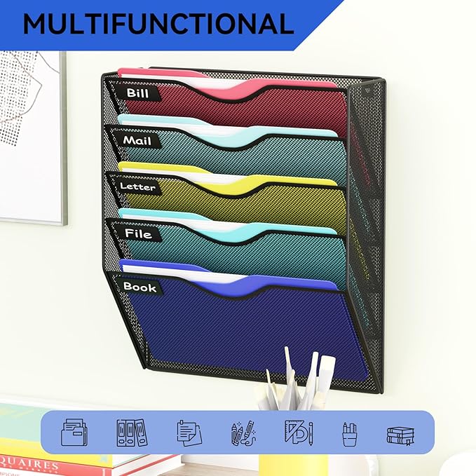 5 Pockets Mesh Hanging Wall File Holder Organizer Wall Mounted Paper Magazine Rack, Black