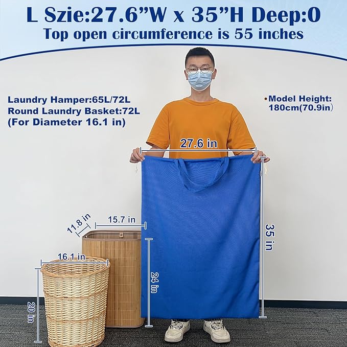 Laundry Bag with Handles & Drawstring Closure 27.6”Wx35"H, Thick Laundry Bag Heavy Duty Washable Dirty Clothes Travel Sack for Camp, College Dorm, Laundromat (Blue, 1Pack)