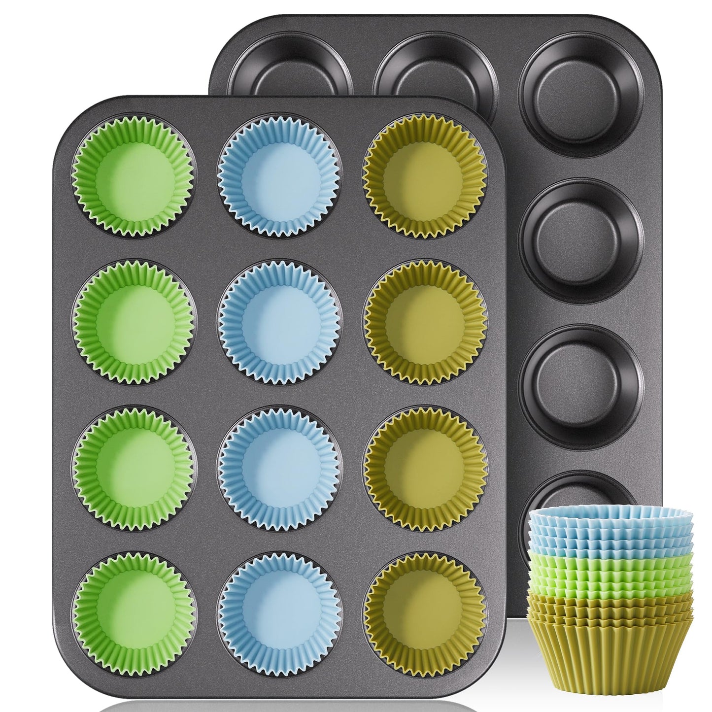 HONGBAKE Muffin Pan for Baking, Nonstick Cupcake Tin 12 Cup, 2 Pack Cup Cake Tray, Premium Cheesecake Pans, Dishwasher Safe - Dark Grey