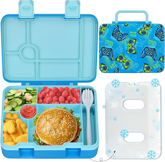 Kids Bento Lunch Box with Ice Pack, 5 Compartments Leak-Proof Bento Box with Utensils, 5.5-Cup Capacity for Adults & Ages 8+, BPA Free, Microwave & Dishwasher Safe, Pink