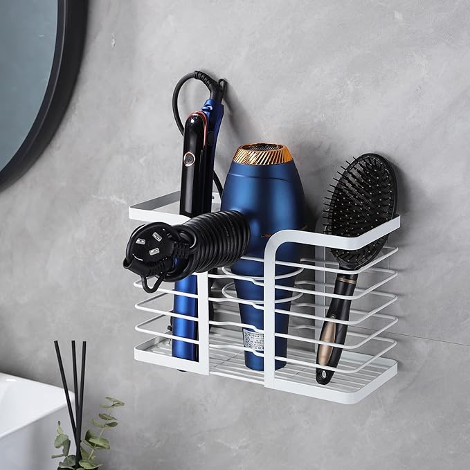YIGII Hair Dryer Holder Adjustable Height - Hair Tool Organizer White Bathroom Organizer Hot Styling Tools Storage for Hair Dryer, Flat Iron, Curling Iron, Straightener