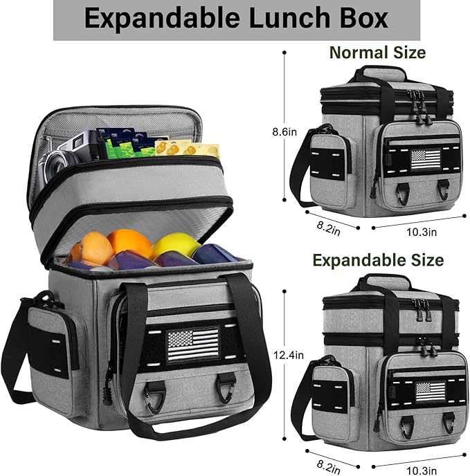 Expandable Tactical Lunch Box, Large Insulated Lunch Cooler Bag Heavy Duty Leakproof Lunch Pail for Men Adults Work Office Outdoor Picnic Trips,16L,Grey