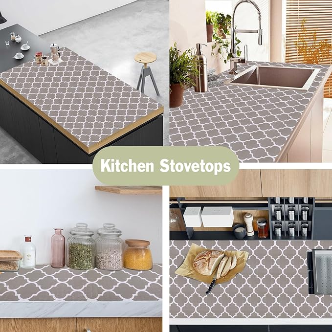 Drawer and Shelf Liner for Kitchen Cabinet: 23.6 in X 30 Ft Non Slip Waterproof Shelf Paper Non Adhesive Refrigerator Liners Gray Quatrefoil Easy Liners for Bathroom Cupboard with Knife Tape Measure