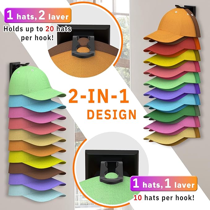 Hat Organizer for Baseball Caps, 2 Pack Hold Up to 40 Hats, Hat Rack for Wall Space Saving, Hat Hanger w/Strong Adhesive Hat Storage Holder Display for Closet Door and Wall (Black)