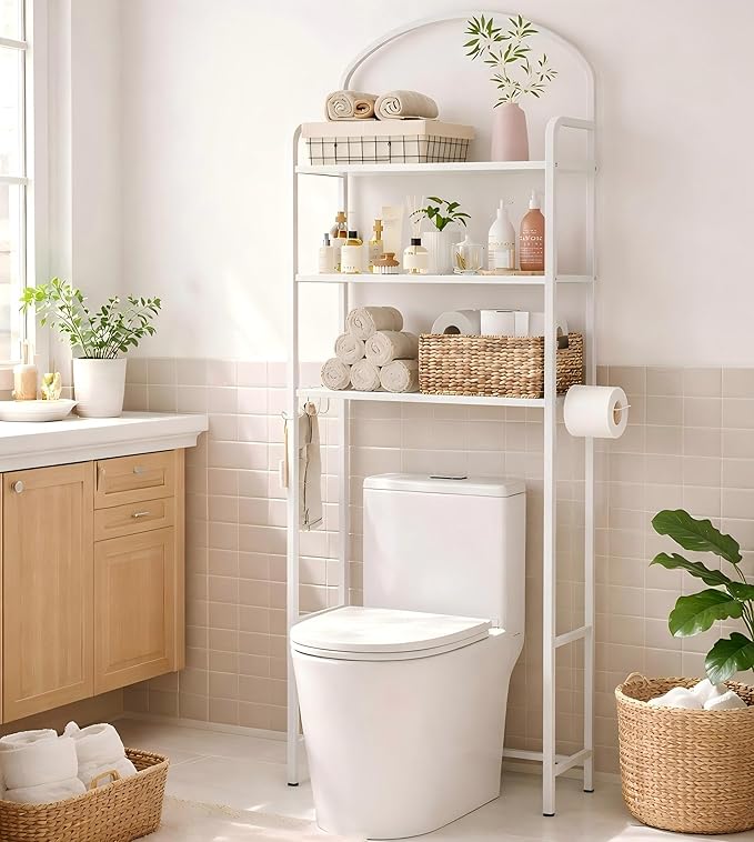 3-Tier Over The Toilet Storage, Bathroom Organizer, Space-Saving, Above Toilet Storage Rack with 4 Hooks and Paper Holder, Metal Shelf, White