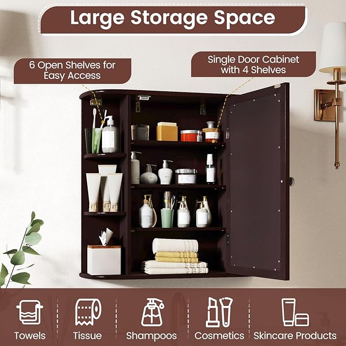 Tangkula Bathroom Medicine Cabinet with Mirror, Modern Wall Mounted Space-Saving Storage Organizer with Mirrored Door, 4 Internal Shelves & 6 Open Side Shelves, Bathroom Wall Cabinet (Coffee)
