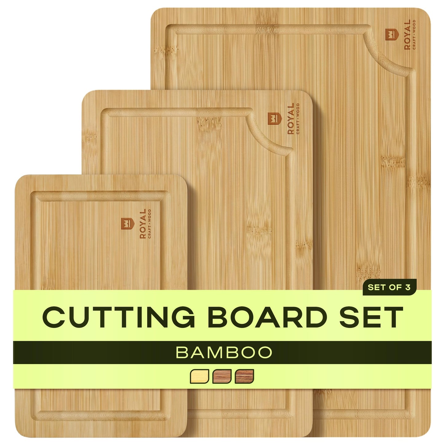 ROYAL CRAFT WOOD Wooden Cutting Boards for Kitchen Meal Prep & Serving - Bamboo Wood Serving Board Set with Deep Juice Groove Side Handles - Charcuterie & Chopping Butcher Block for Meat