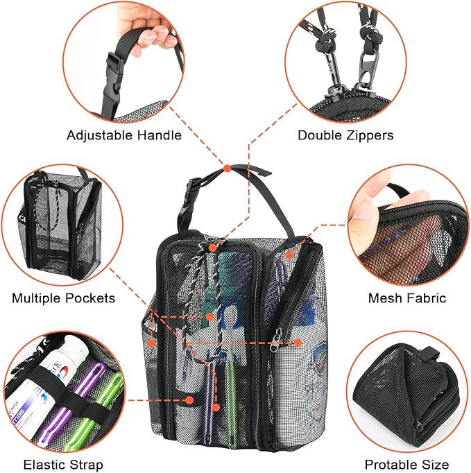 Cosmos Mesh Shower Caddy Toiletry Organizer Hanging Shower Tote Bag, Quick Dry Shower Organizer Portable Bath Bag with Durable Zippers & Side Pockets for Travel, Gym, Swimming, Beach and Camp