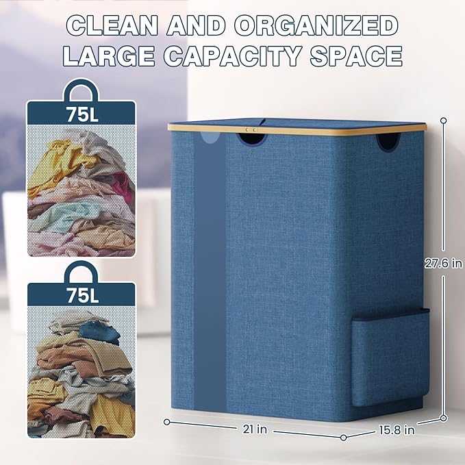 BlissTotes Laundry Basket with Lid, 150L Clothes Laundry Hamper with Handles and 2 Removable Laundry Bag, Breathable Design Hamper with Lid for Bedroom, Bathroom, Dorm, Laundry Room - Light Blue