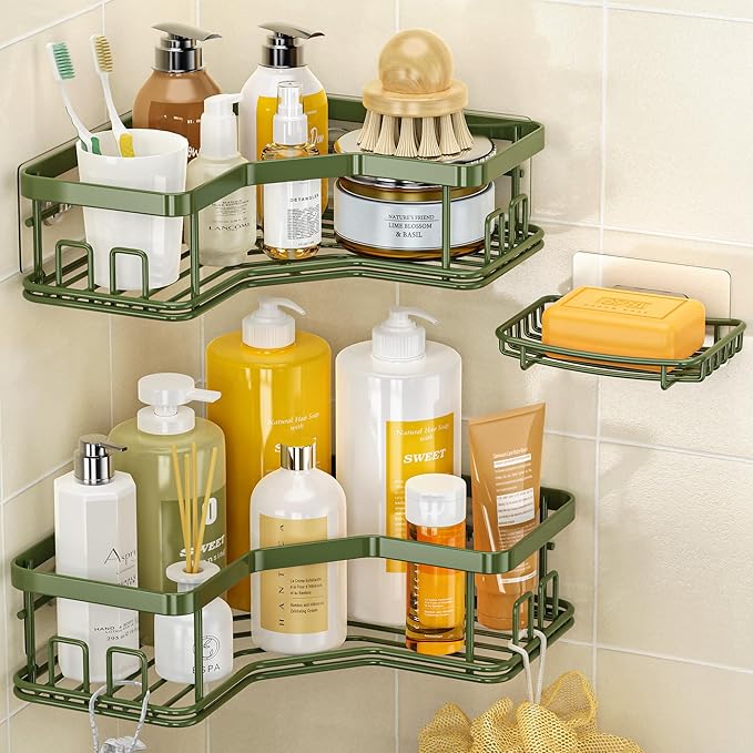 MAXIFFE 3 Pack X-Large Corner Shower Caddy with Soap Holder, Large Capacity Easy Install No Drilling Stainless Steel Hold 40 LB Shower Organizer Shelves Rack for Family Renters Bathroom, Forest Green