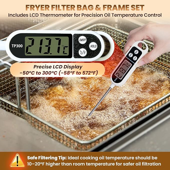 3 Pcs Deep Fryer Filter Bag & Frame Set, Reusable Oil Strainer Compatible with 40L/60L Deep Fryers, Fine Mesh to Capture Crumbs, Durable for Home & Commercial Use, with 1 Professional Food Thermometer