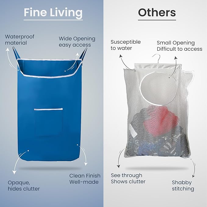 The Fine Living Co. X-Large Hanging Laundry Hamper with Over Door Hooks & Adhesive, Durable Space Saving Laundry Bag with Zipper and Wide Open Top, Hanging Dorm Laundry Hamper 20"x3.75"x31" (Blue-XL)