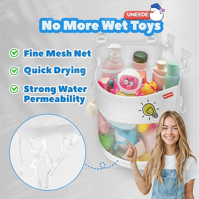 UNEEDE 3.5 Gallons Corner Mounted Versatile Bath Toy Organizer, Mesh Shower Caddy for Bathtub Toy Organizer and Storage, Quick Dry Bath Toy Holder
