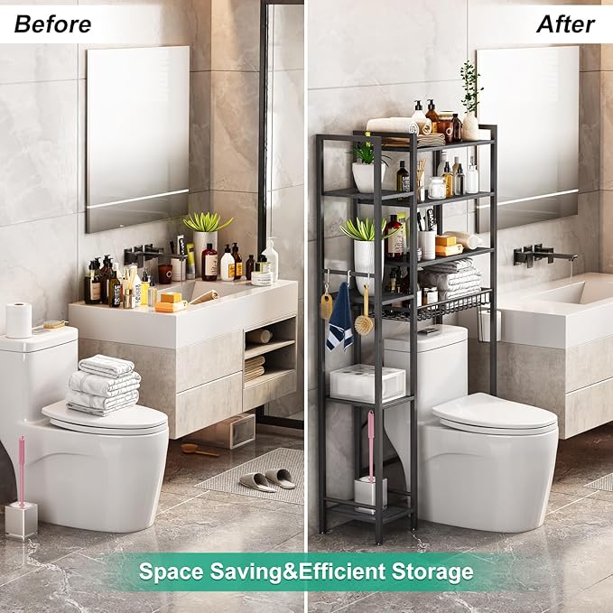 8-Tier Over The Toilet Storage with Side Rack, Over Toilet Storage Rack with Adjustable Shelf & Drain Basket, Freestanding Bathroom Organizer for Balcony, Laundry (Pure Black)