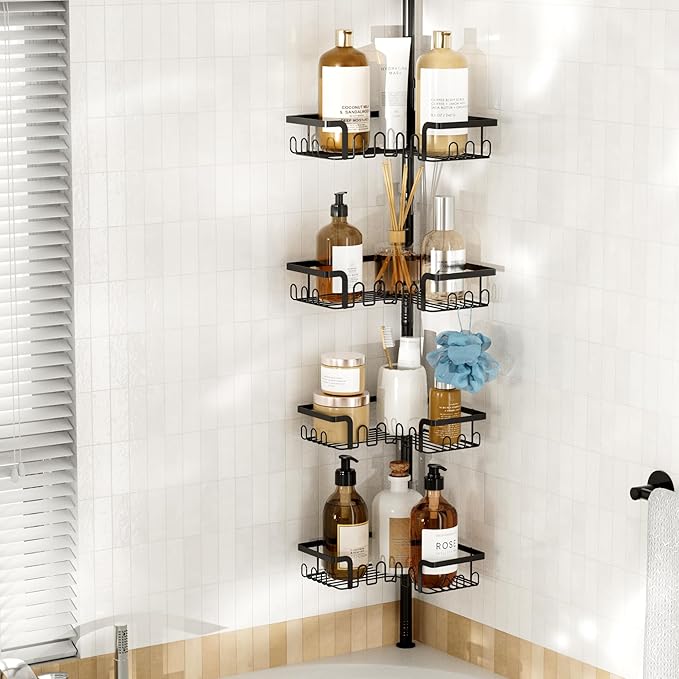 Corner Shower Caddy Tension Pole Adjustable 29–124 Inch, 4 Tier Rustproof Shower Organizer Shelf Rack, Quick Installation Bathroom Storage Shower Caddy Corner Pole, Black