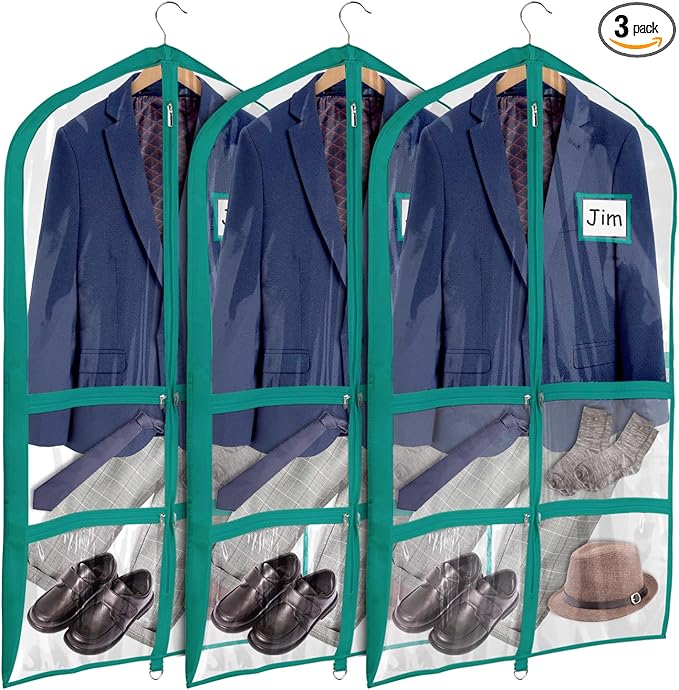 Univivi PVC Dance Costume Bags (3 Pack) Garment Bag 40 Inch for Dance Competitions, with 4 Medium Clear Zipper Pockets and 1 Large Back Zippered Pocket - Clear Blue Green