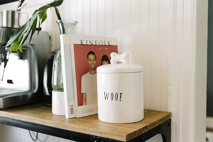 Creative Co-Op Ceramic Dog Treat Jar with Woof Message and Bone Handle Lid, White and Black