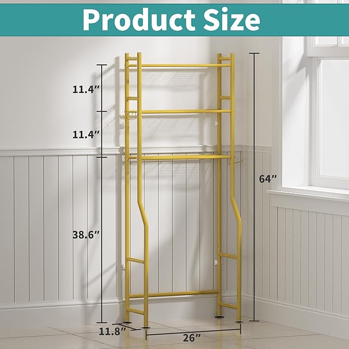 3-Tier Over The Toilet Storage with Paper Holder, Metal Bathroom Organizers and Storage for Small Space, Freestanding Bathroom Shelves with 4 Hooks, Above The Toilet Storage Shelf (Gold)