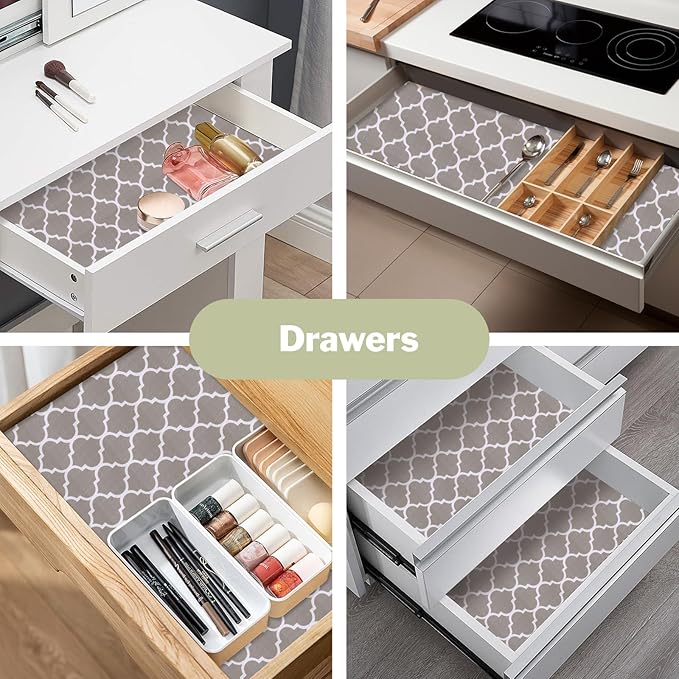 Drawer and Shelf Liner for Kitchen Cabinet: 12 in X 30 Ft Non Slip Waterproof Shelf Paper Non Adhesive Refrigerator Liners Gray Quatrefoil Easy Liners for Bathroom Cupboard with Knife Tape Measure