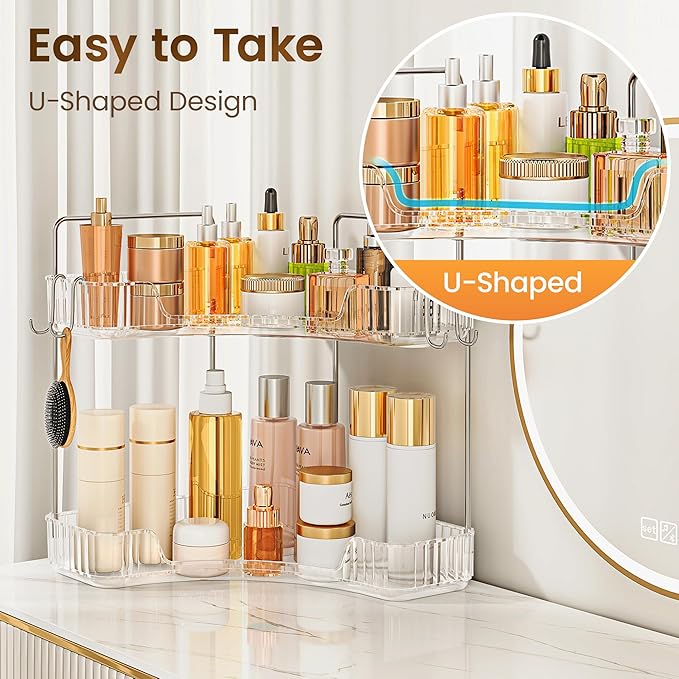 Corner Bathroom Counter Organizer 2 Tier Bathroom Organizers and Storage Countertop with Hooks Skin Care Exquisite Vanity Organizer Countertop Bathroom Storage Dresser, Kitchen-Clear