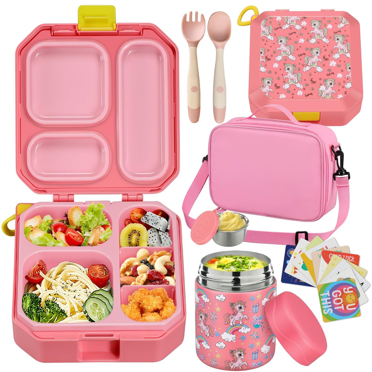 wiwens Bento Lunch Box for Kids with 12oz Soup Thermo Leak-Proof Lunch Food Container with 5 Compartment Thermo Hot Food Jar and Insulated Lunch Bag for Kid Toddler Girls Boys to School