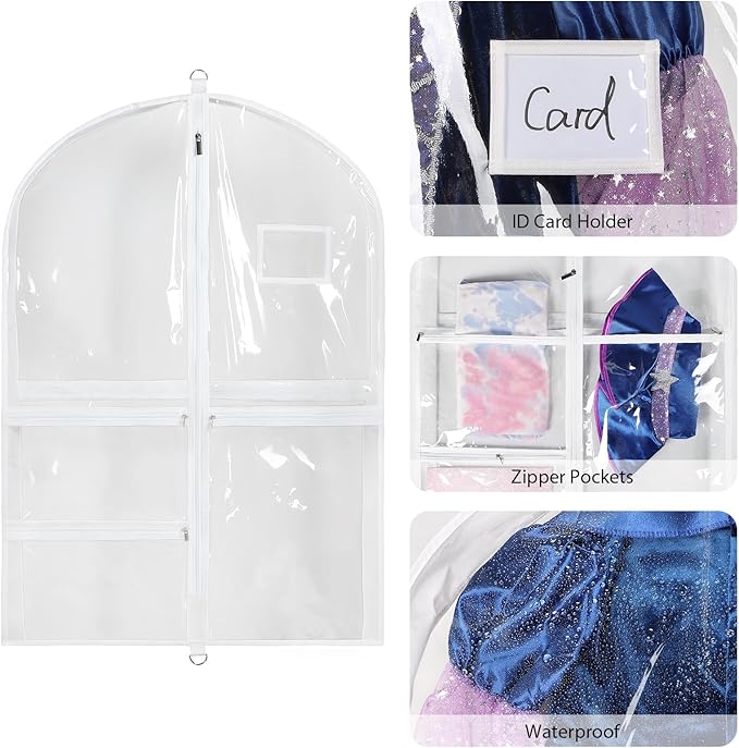 Univivi Clear PVC Dance Costume Bags Garment Bag 35 Inch for Dance Competitions, with 3 Seperated Medium Clear Zipper Pockets and 1 Large Back Zippered Pocket (Clear)