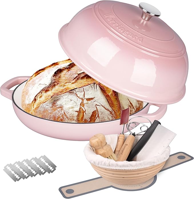 VORRINGARD Enameled Cast Iron Dutch Oven Pot with Lid, Bread Oven for Sourdough Bread Baking, Dutch Ovens with Bread Proofing Basket& Baking Supplies Set, 6 Quart, Red