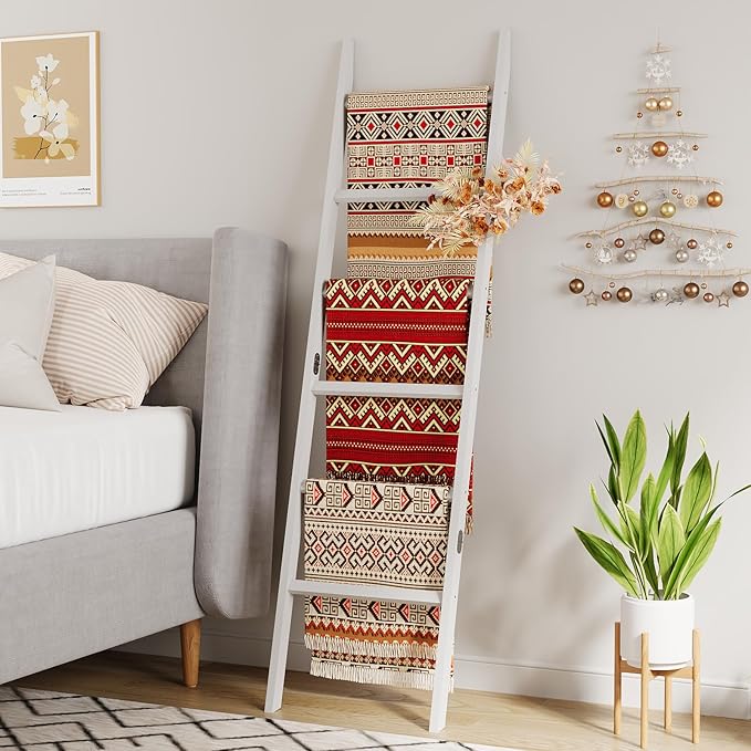 Bamboo Towel Rack 6-Tier Blanket Ladder for Living Room, Bedroom, Bathroom Space-Saving Decorative Ladder for Quilts, Towels and More White