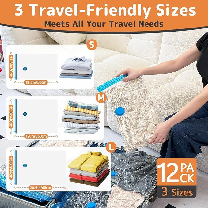 12 Pack Travel Vacuum Storage Bags with Hand Pump, Space Saver for Clothing Travel and Clothes, Vacuum Packing Seal for Luggage and Suitcase